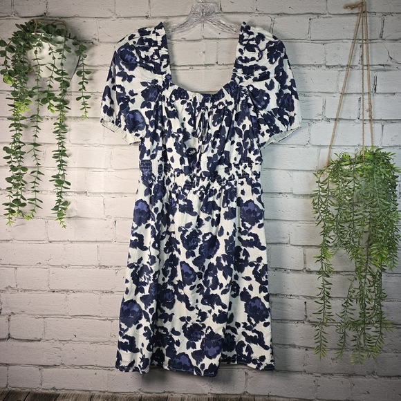 Adelyn Rae Blue and White Floral Mini Dress Off The Shoulder Size L - Picture 1 of 9